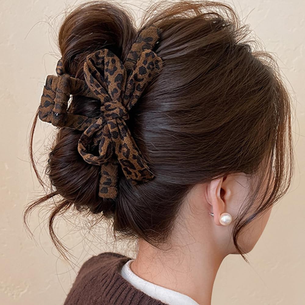 Leopard Bow Hair Claw Clip / Vintage Fabric Ribbon Claw Clip for Women