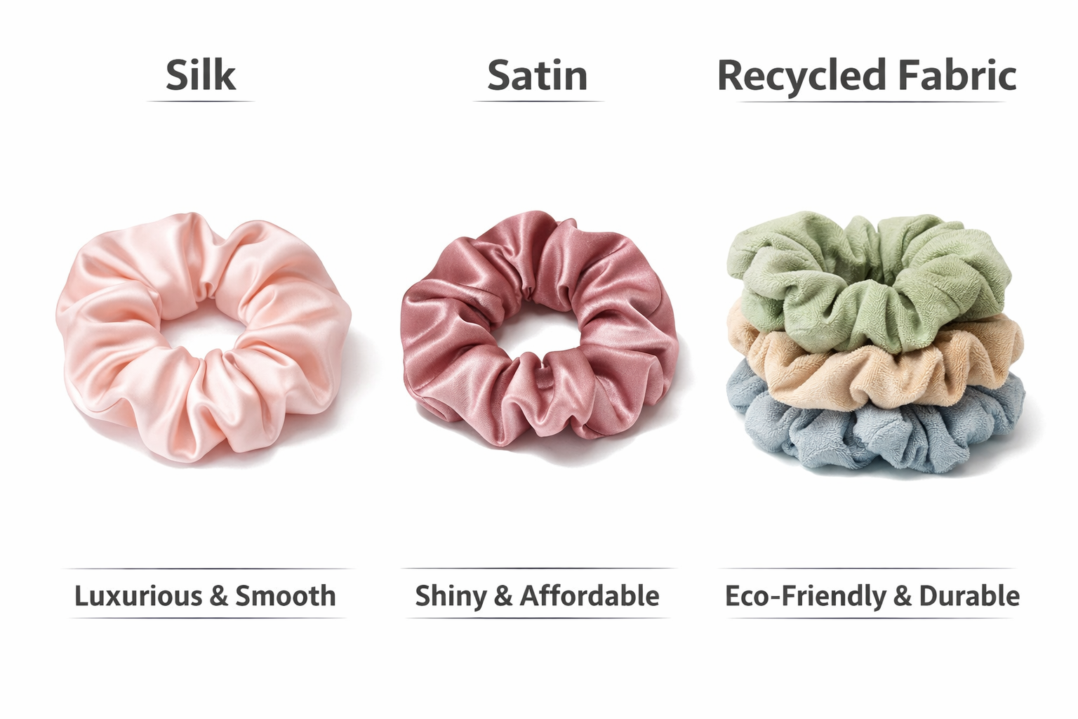 Silk vs Satin vs Recycled Fabric Scrunchies