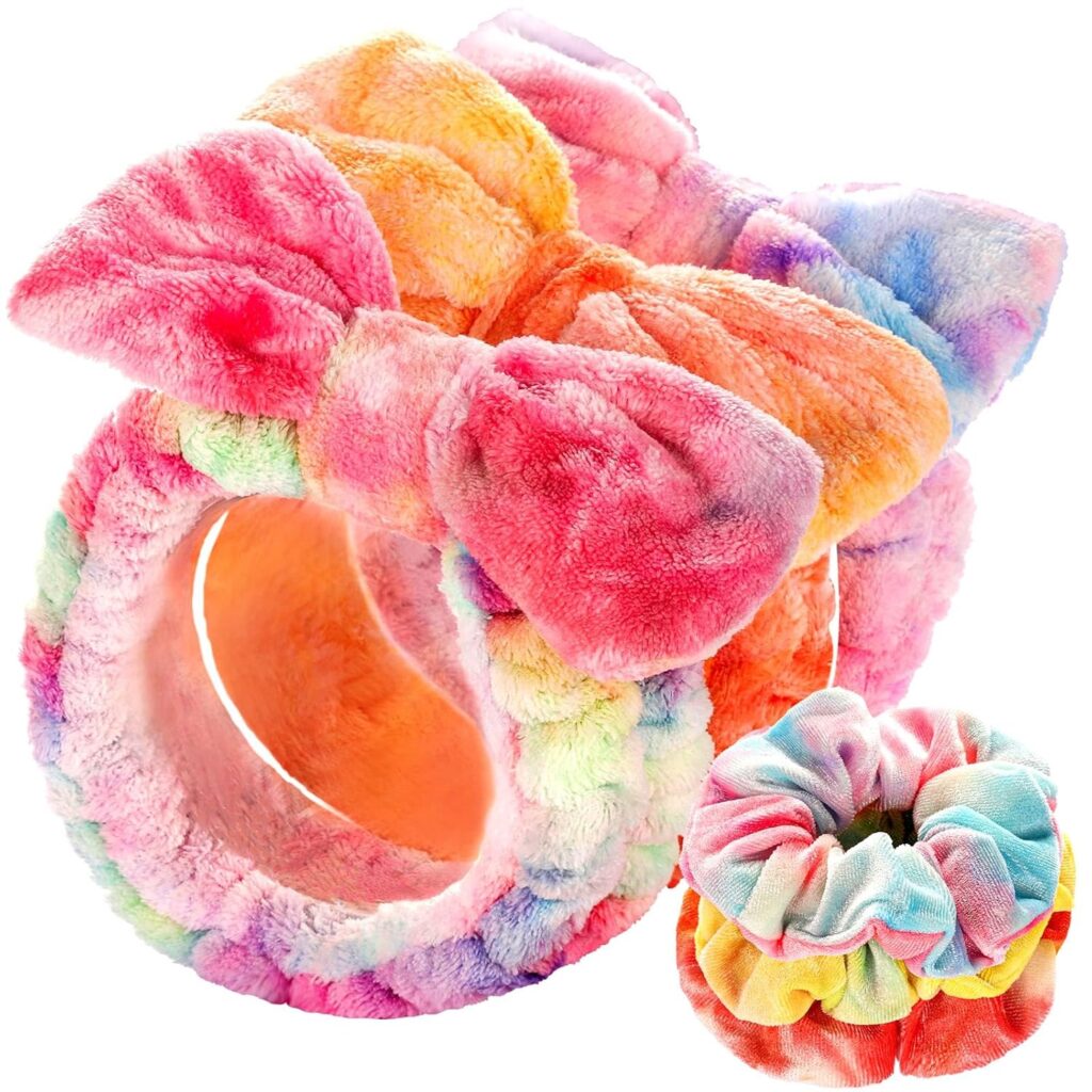 Tie-Dye Plush Spa Headband Set / Bow Makeup Headband with Wrist Bands & Scrunchie