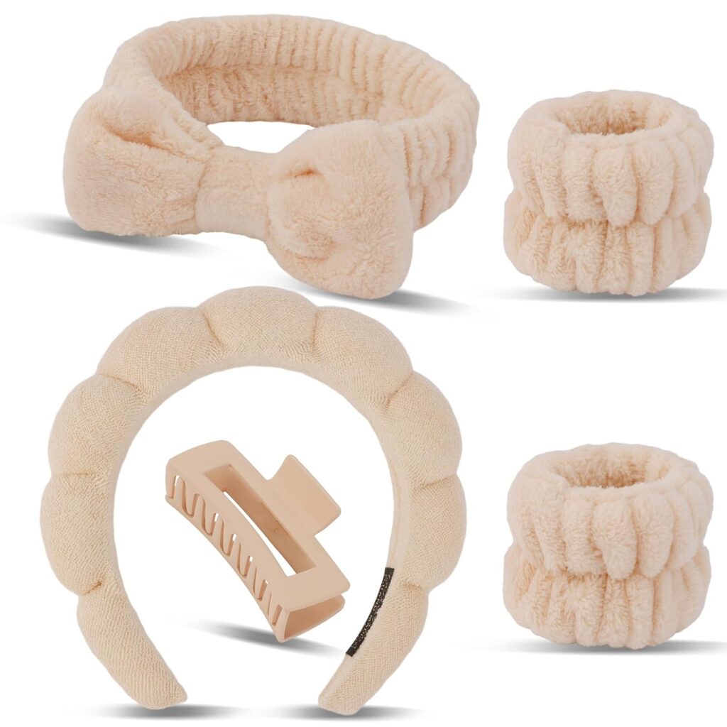 Neutral Spa Headband Gift Set / Plush Makeup Headband, Wrist Bands, Padded Headband & Hair Claw Clip