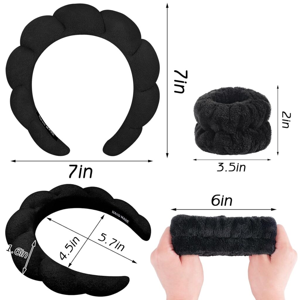 Puffy Spa Headband Set / Padded Bubble Headband with Plush Wrist Bands for Women