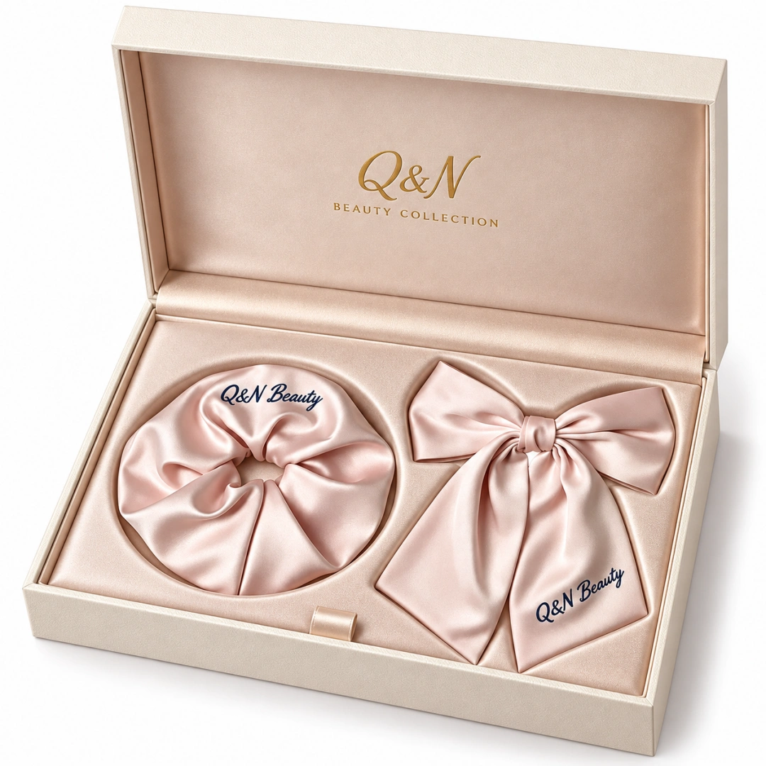 Blush satin scrunchie and bow in a lined luxury gift set box