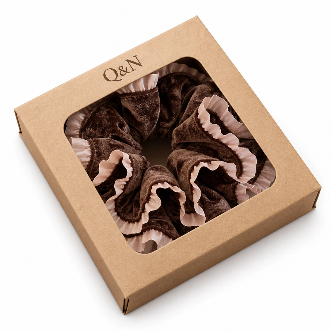 Brown ruffled scrunchie in a kraft window gift box