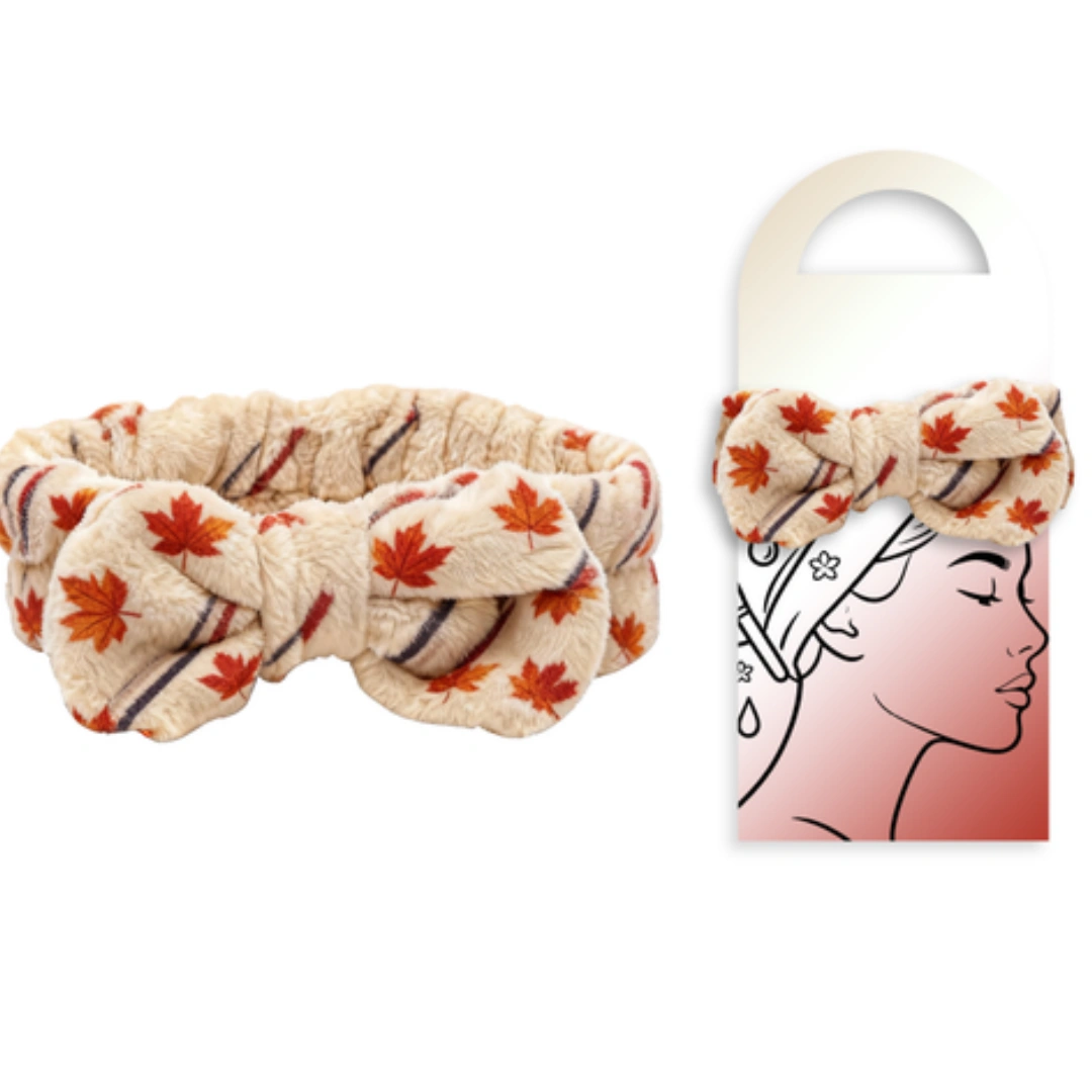 Printed bow spa headband with a hanging retail display card