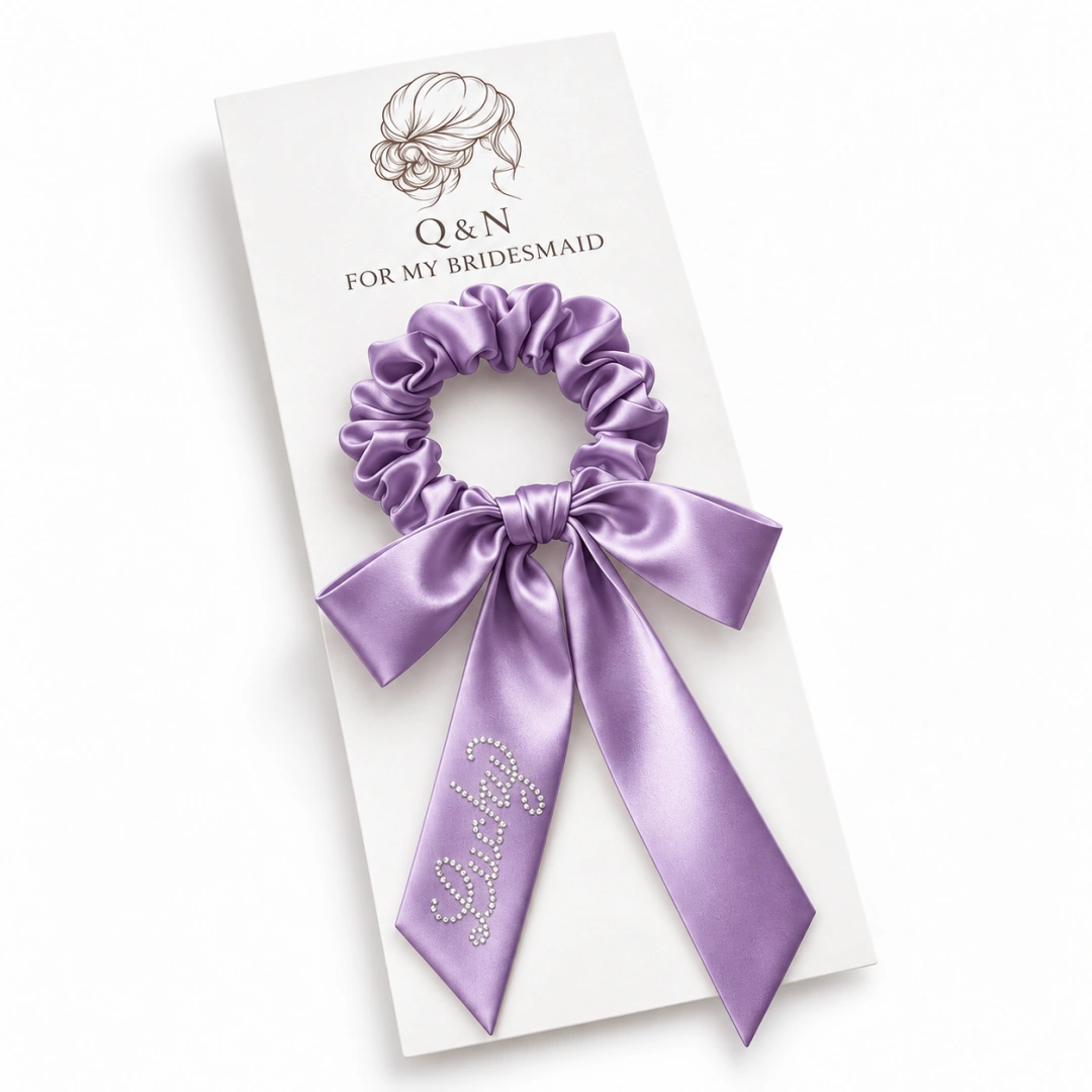 Lavender satin bow scrunchie on a custom printed display card